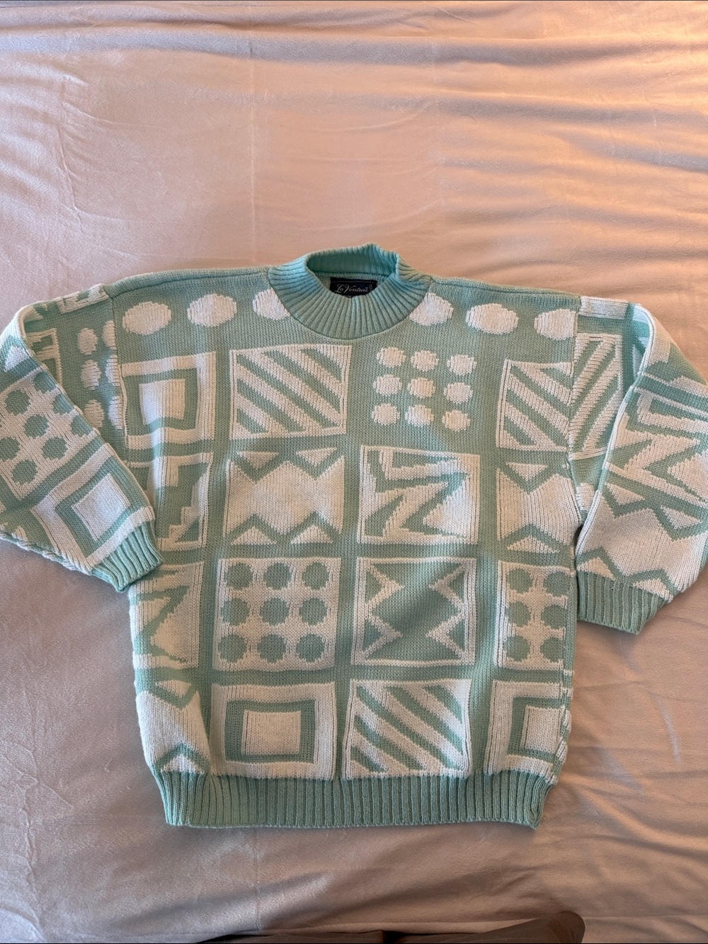 Vintage Geometric Knit Sweater - Mint & White Made in the USA 80’s Creslan Acryl